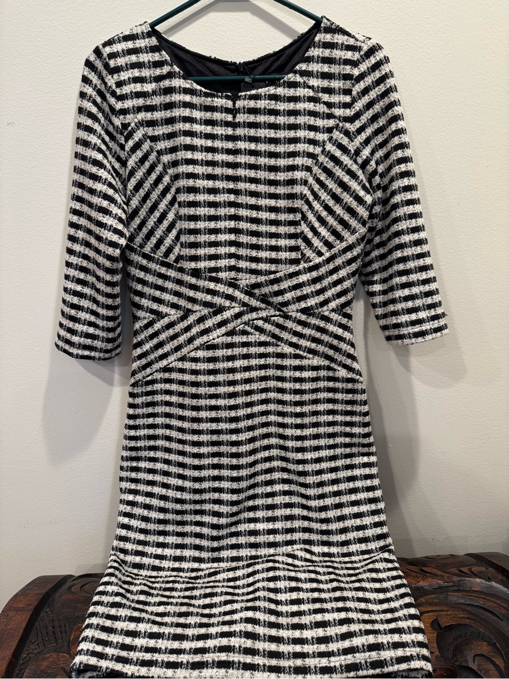 Black & White Plaid Midi Dress with Waist Detail